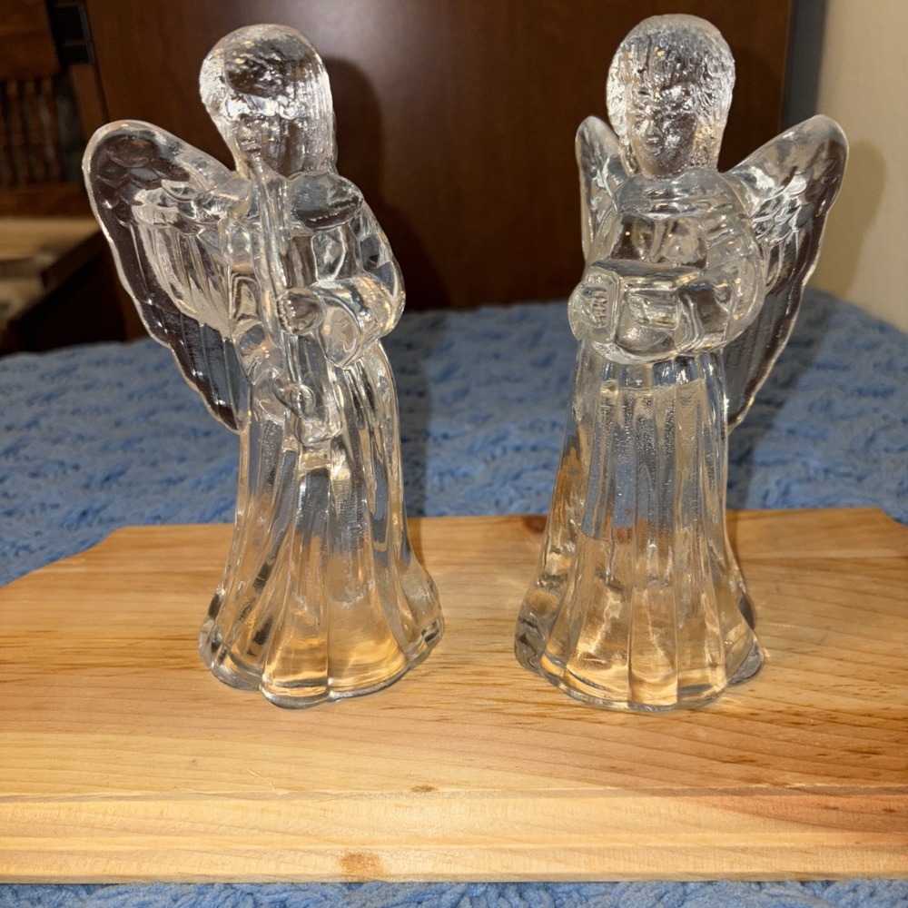 Vintage Glass Angel Candle Holders Musicians  Christmas Holiday Set of 2
